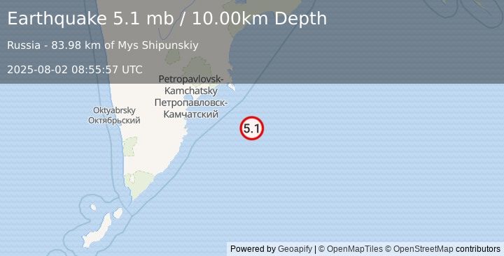 Earthquake OFF EAST COAST OF KAMCHATKA (4.8 mb) (2025-08-02 08:55:56 UTC)