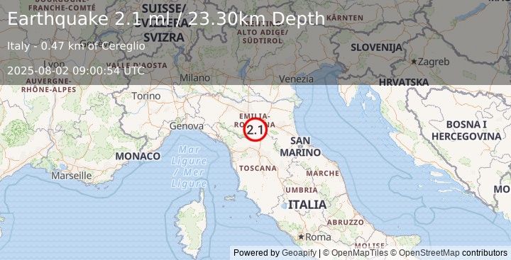 Earthquake NORTHERN ITALY (2.1 ml) (2025-08-02 09:00:54 UTC)