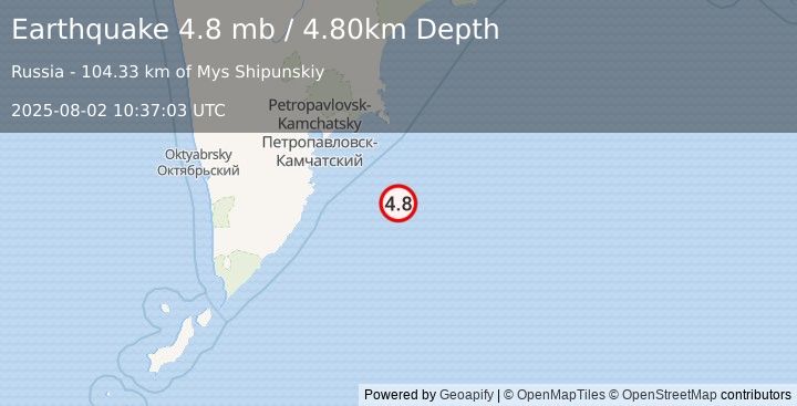 Earthquake OFF EAST COAST OF KAMCHATKA (4.8 mb) (2025-08-02 10:37:03 UTC)