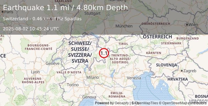 Earthquake SWITZERLAND (1.1 ml) (2025-08-02 10:45:24 UTC)