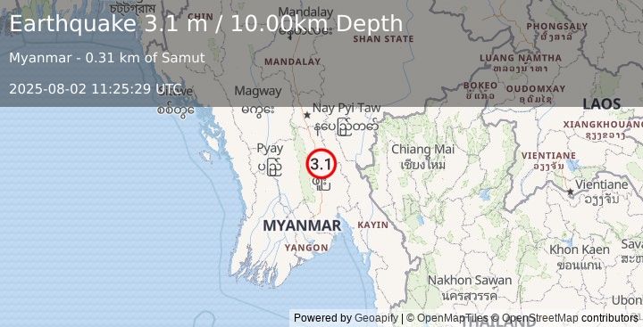 Earthquake MYANMAR (3.1 m) (2025-08-02 11:25:29 UTC)