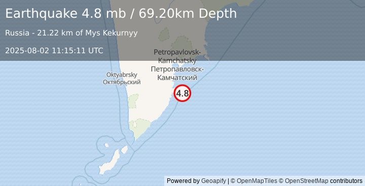 Earthquake NEAR EAST COAST OF KAMCHATKA (4.8 mb) (2025-08-02 11:15:11 UTC)