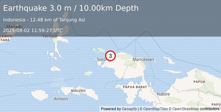 Earthquake NEAR N COAST OF PAPUA, INDONESIA (3.0 m) (2025-08-02 11:59:27 UTC)