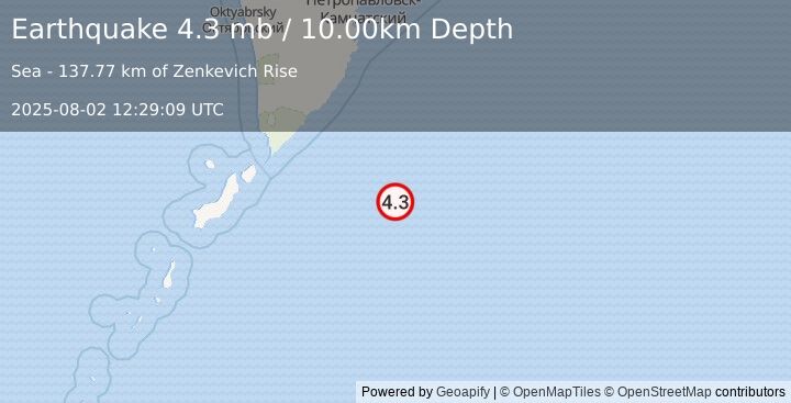 Earthquake EAST OF KURIL ISLANDS (4.3 mb) (2025-08-02 12:29:09 UTC)