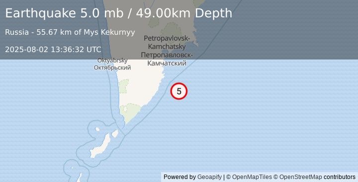 Earthquake OFF EAST COAST OF KAMCHATKA (4.6 mb) (2025-08-02 13:36:25 UTC)