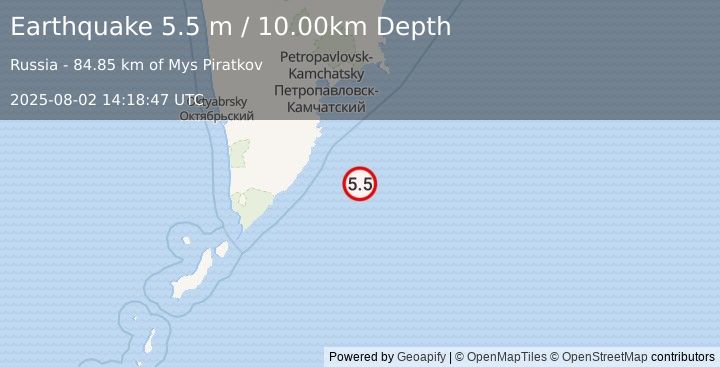 Earthquake OFF EAST COAST OF KAMCHATKA (5.3 mb) (2025-08-02 14:18:46 UTC)