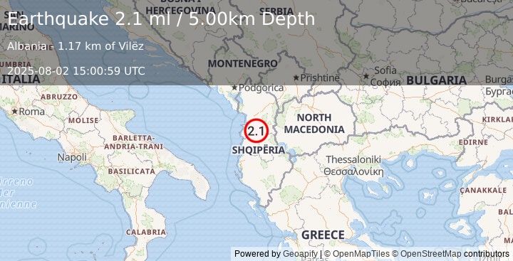 Earthquake ALBANIA (2.1 ml) (2025-08-02 15:00:59 UTC)
