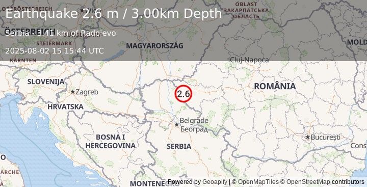 Earthquake SERBIA (2.6 ml) (2025-08-02 15:15:44 UTC)