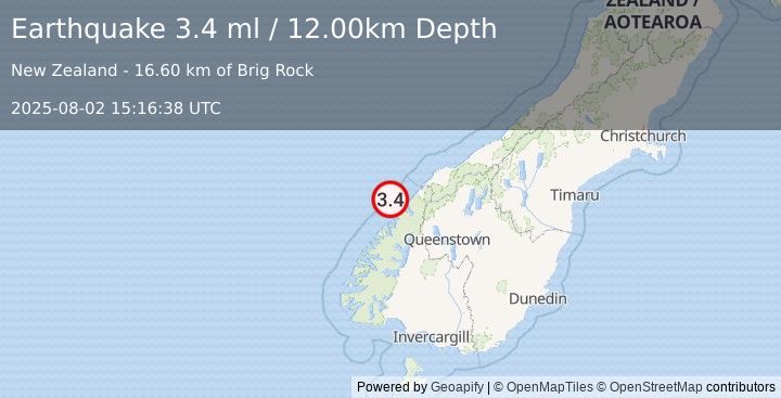 Earthquake SOUTH ISLAND OF NEW ZEALAND (3.4 ml) (2025-08-02 15:16:38 UTC)
