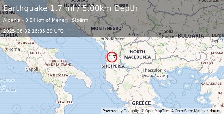 Earthquake ALBANIA (1.7 ml) (2025-08-02 16:05:39 UTC)