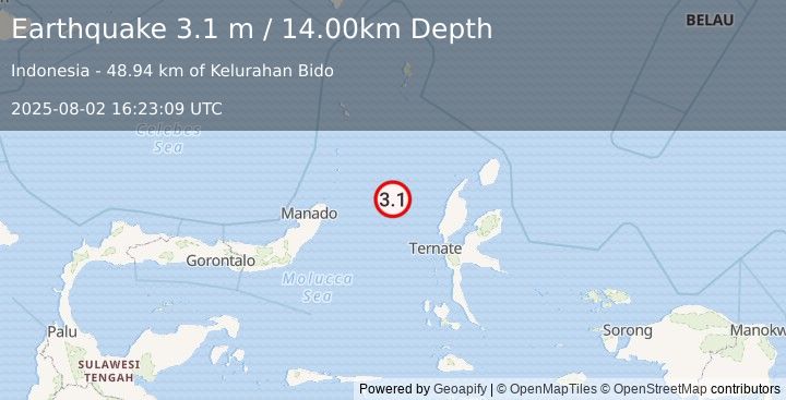 Earthquake MOLUCCA SEA (3.1 m) (2025-08-02 16:23:09 UTC)