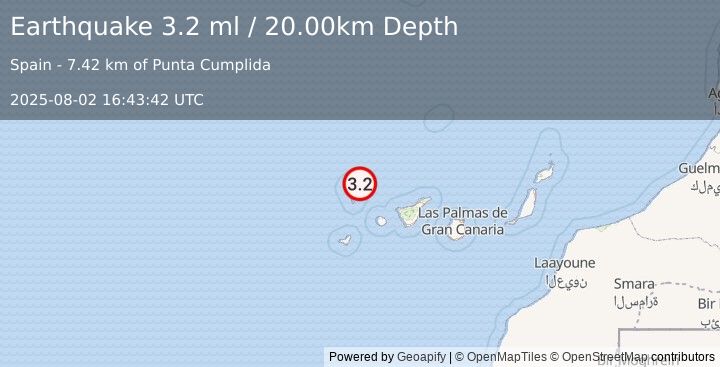 Earthquake CANARY ISLANDS, SPAIN REGION (3.2 ml) (2025-08-02 16:43:42 UTC)