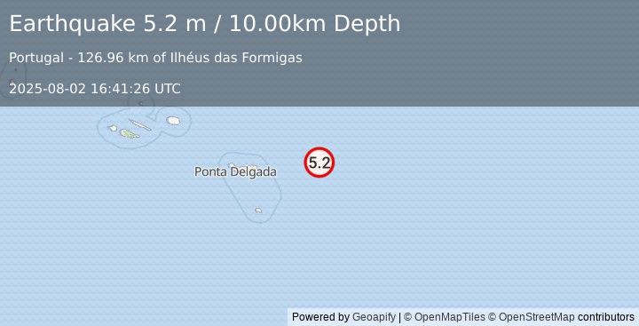 Earthquake AZORES ISLANDS REGION (5.1 mb) (2025-08-02 16:41:26 UTC)