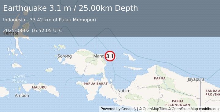 Earthquake NEAR N COAST OF PAPUA, INDONESIA (3.1 m) (2025-08-02 16:52:05 UTC)