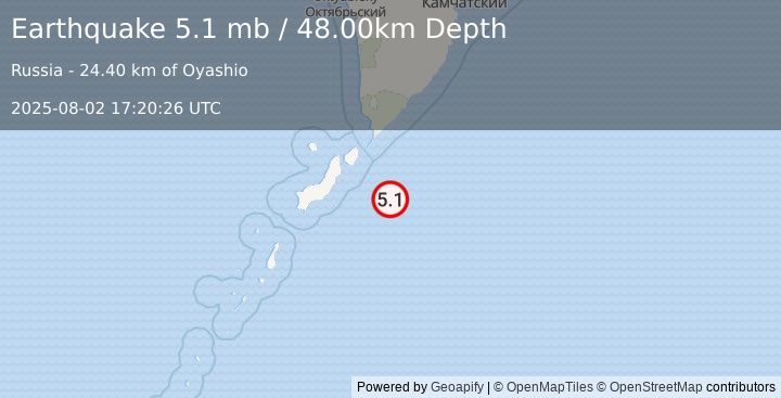 Earthquake KURIL ISLANDS (5.2 mb) (2025-08-02 17:20:21 UTC)