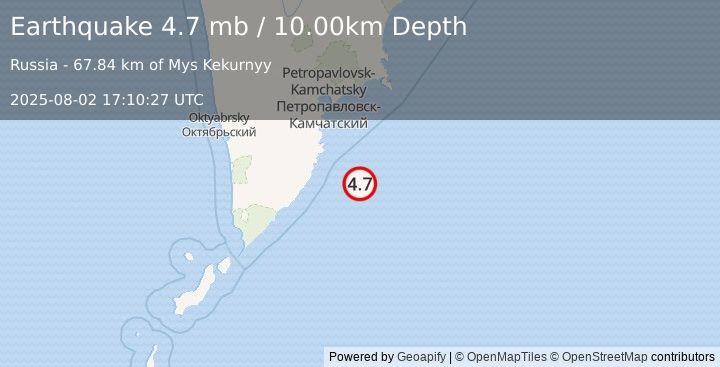 Earthquake OFF EAST COAST OF KAMCHATKA (4.7 mb) (2025-08-02 17:10:27 UTC)