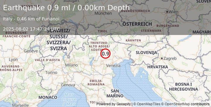 Earthquake NORTHERN ITALY (0.9 ml) (2025-08-02 17:47:24 UTC)