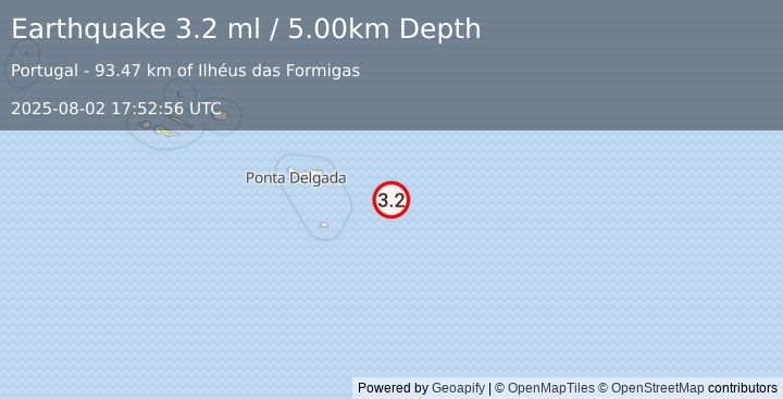 Earthquake AZORES ISLANDS REGION (3.2 ml) (2025-08-02 17:52:56 UTC)