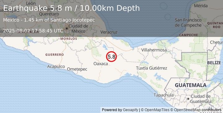 Earthquake OAXACA, MEXICO (5.8 mw) (2025-08-02 17:58:46 UTC)