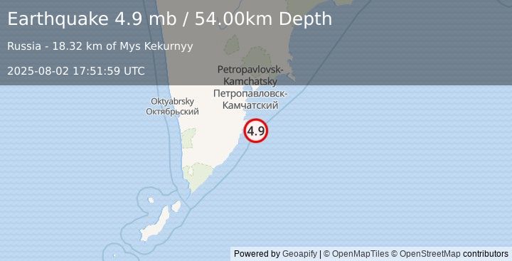 Earthquake NEAR EAST COAST OF KAMCHATKA (4.9 mb) (2025-08-02 17:51:59 UTC)