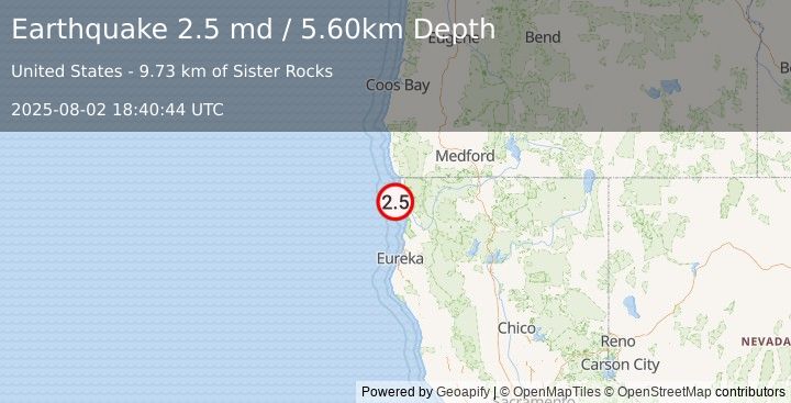 Earthquake OFFSHORE NORTHERN CALIFORNIA (2.4 md) (2025-08-02 18:40:45 UTC)