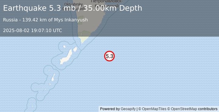Earthquake EAST OF KURIL ISLANDS (5.5 mb) (2025-08-02 19:07:06 UTC)