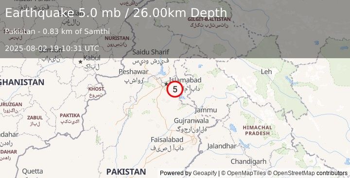 Earthquake PAKISTAN (5.0 mb) (2025-08-02 19:10:31 UTC)