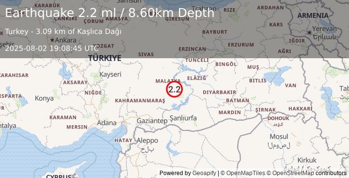 Earthquake EASTERN TURKEY (2.2 ml) (2025-08-02 19:08:45 UTC)