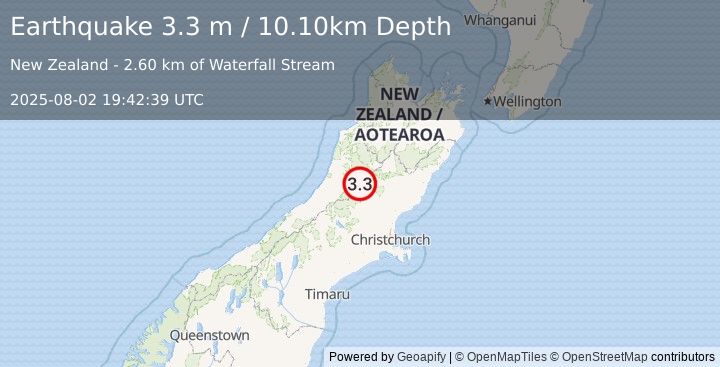 Earthquake SOUTH ISLAND OF NEW ZEALAND (3.3 m) (2025-08-02 19:42:39 UTC)