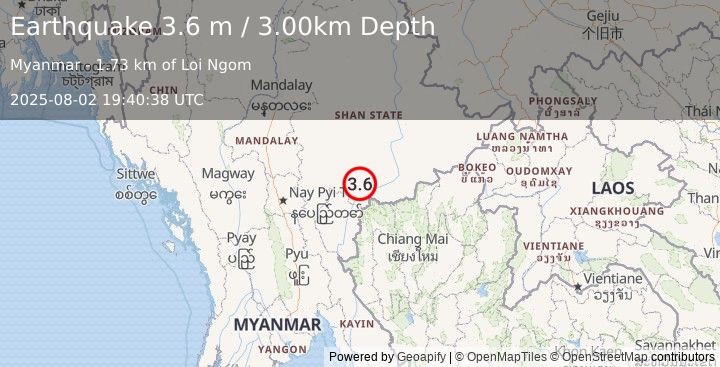 Earthquake MYANMAR (3.6 m) (2025-08-02 19:40:38 UTC)