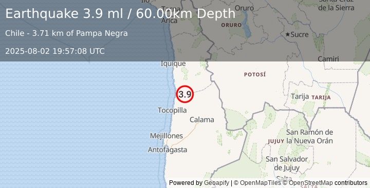 Earthquake ANTOFAGASTA, CHILE (4.0 ml) (2025-08-02 19:57:07 UTC)