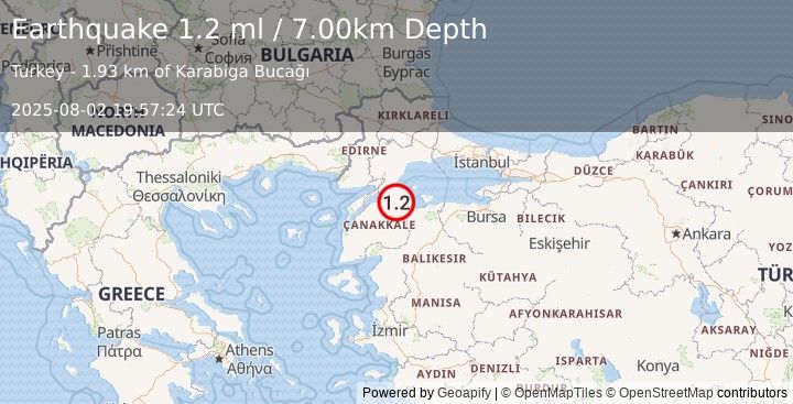 Earthquake WESTERN TURKEY (1.2 ml) (2025-08-02 19:57:24 UTC)