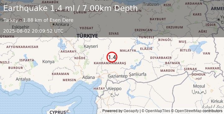 Earthquake CENTRAL TURKEY (1.4 ml) (2025-08-02 20:09:51 UTC)
