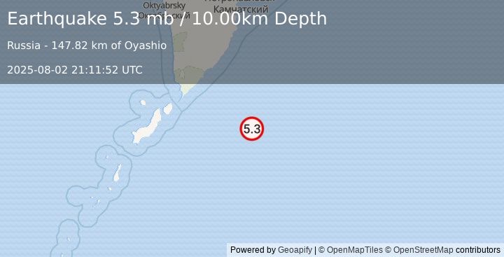 Earthquake EAST OF KURIL ISLANDS (5.3 mb) (2025-08-02 21:11:53 UTC)