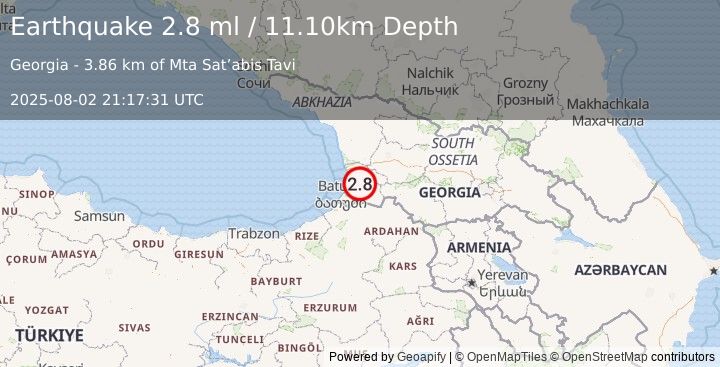 Earthquake GEORGIA (SAK'ART'VELO) (2.9 ml) (2025-08-02 21:17:32 UTC)