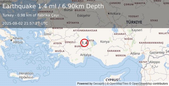 Earthquake WESTERN TURKEY (1.4 ml) (2025-08-02 21:57:27 UTC)