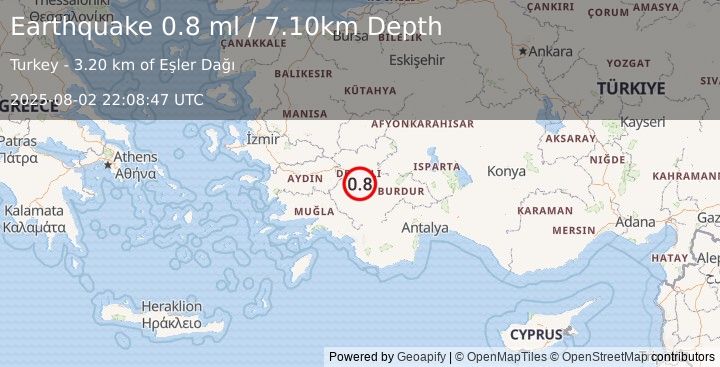 Earthquake WESTERN TURKEY (0.8 ml) (2025-08-02 22:08:47 UTC)