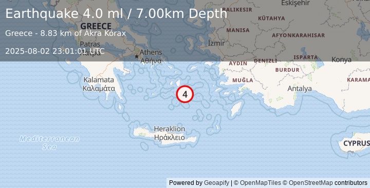Earthquake DODECANESE ISLANDS, GREECE (4.0 ml) (2025-08-02 23:01:01 UTC)