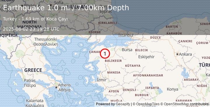 Earthquake WESTERN TURKEY (1.0 ml) (2025-08-02 23:19:28 UTC)