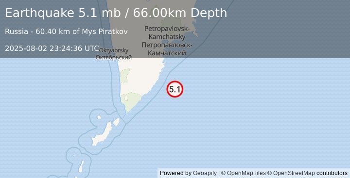 Earthquake OFF EAST COAST OF KAMCHATKA (5.3 mb) (2025-08-02 23:24:33 UTC)