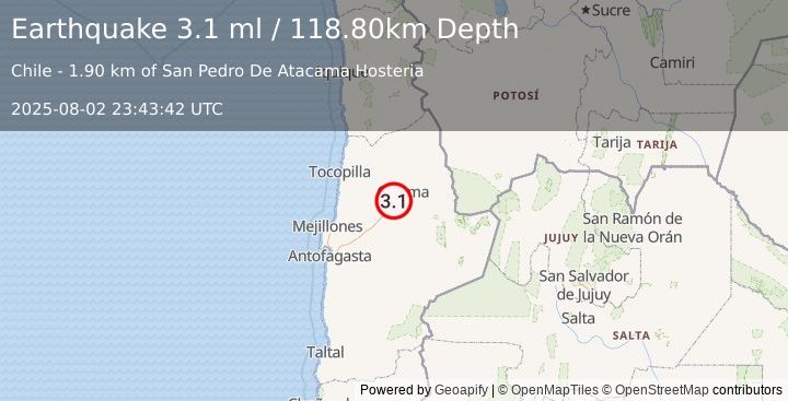 Earthquake ANTOFAGASTA, CHILE (3.1 ml) (2025-08-02 23:43:42 UTC)