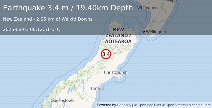 Earthquake SOUTH ISLAND OF NEW ZEALAND (3.4 m) (2025-08-03 00:12:51 UTC)