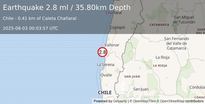 Earthquake OFFSHORE ATACAMA, CHILE (2.8 ml) (2025-08-03 00:03:57 UTC)