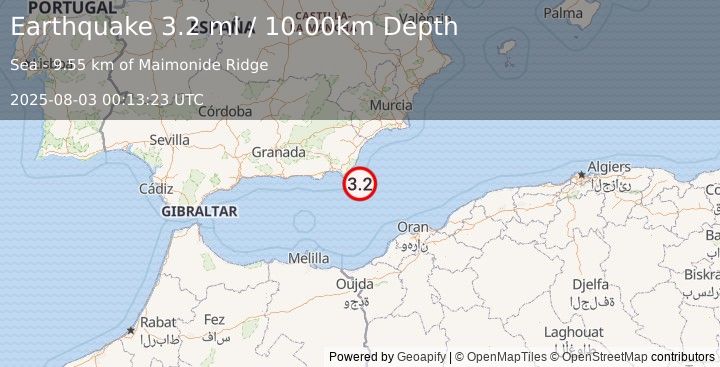 Earthquake WESTERN MEDITERRANEAN SEA (3.2 ml) (2025-08-03 00:13:23 UTC)