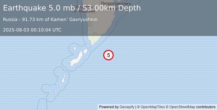 Earthquake EAST OF KURIL ISLANDS (5.1 mb) (2025-08-03 00:09:58 UTC)