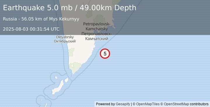 Earthquake OFF EAST COAST OF KAMCHATKA (5.0 mb) (2025-08-03 00:31:54 UTC)