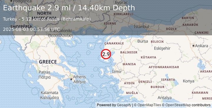 Earthquake NEAR THE COAST OF WESTERN TURKEY (2.9 ml) (2025-08-03 00:53:56 UTC)
