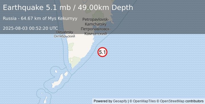 Earthquake OFF EAST COAST OF KAMCHATKA (5.0 mb) (2025-08-03 00:52:18 UTC)
