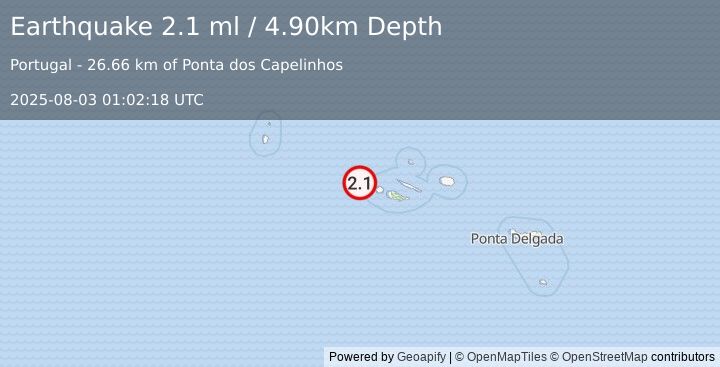Earthquake AZORES ISLANDS, PORTUGAL (2.1 ml) (2025-08-03 01:02:18 UTC)