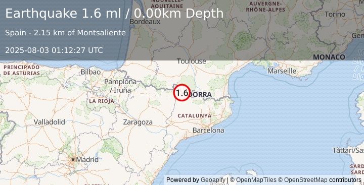 Earthquake PYRENEES (1.6 ml) (2025-08-03 01:12:27 UTC)